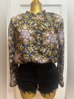 YAVI Silk Abstract Kaleidoscopic Print
Blouse Long Sleeve Boho Top XS